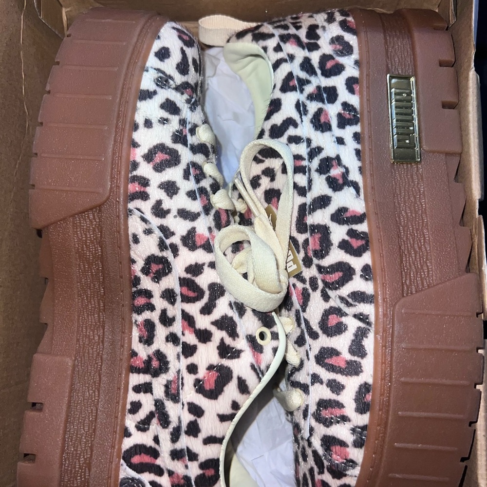 Puma Cream and Brown Leopard Accent Platform Sneaker